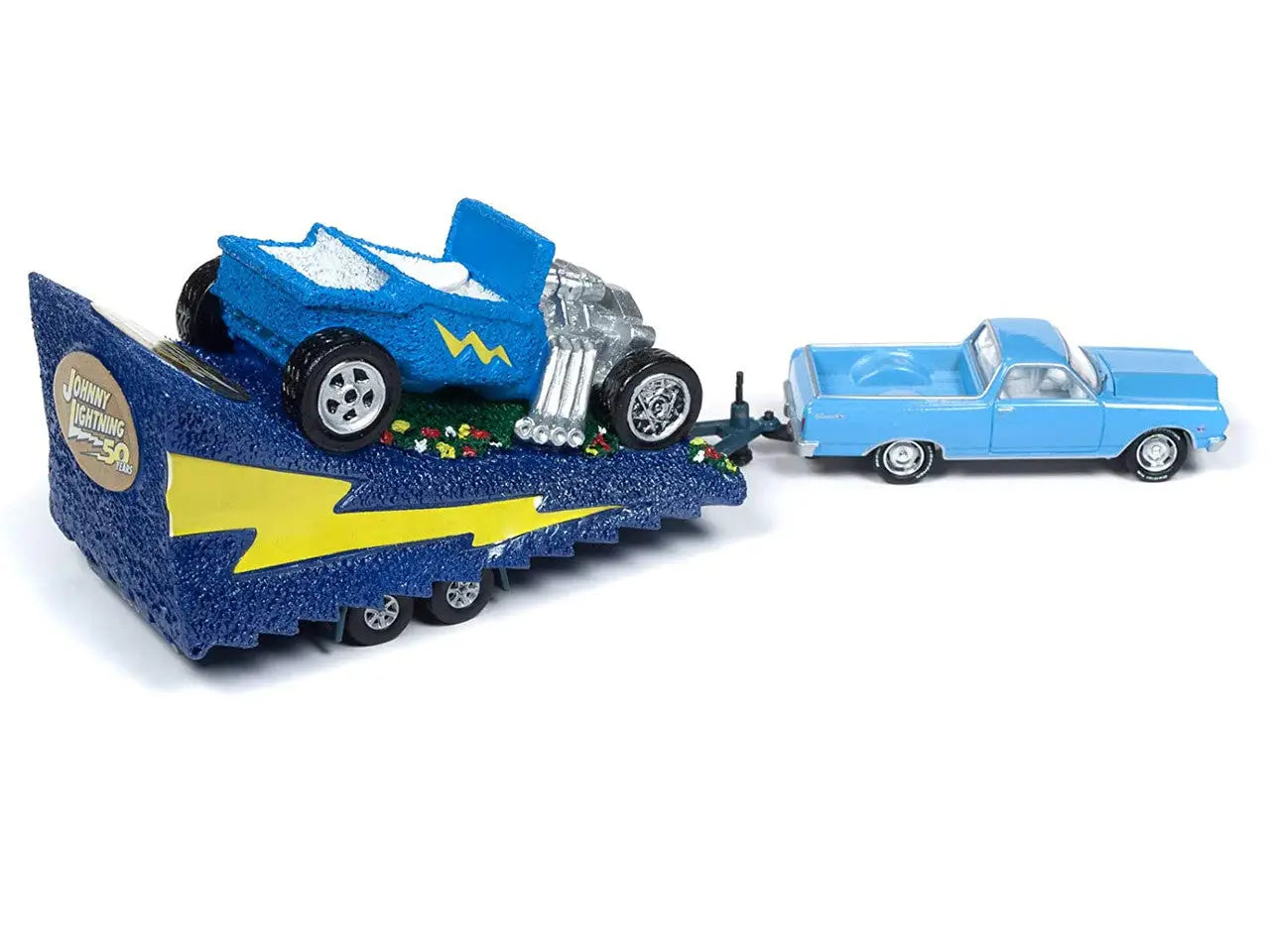 Blue and yellow Johnny Lightning Tow car carrier with a Chevy El Camino and parade float