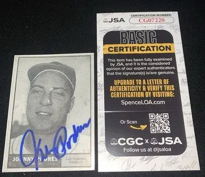 Johnny Podres signed auto baseball card with JSA certification from 1961 Topps Dodgers