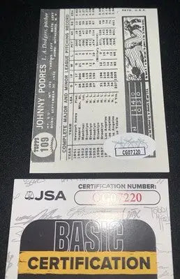 Johnny Podres signed auto baseball card with certification and authentic memorabilia
