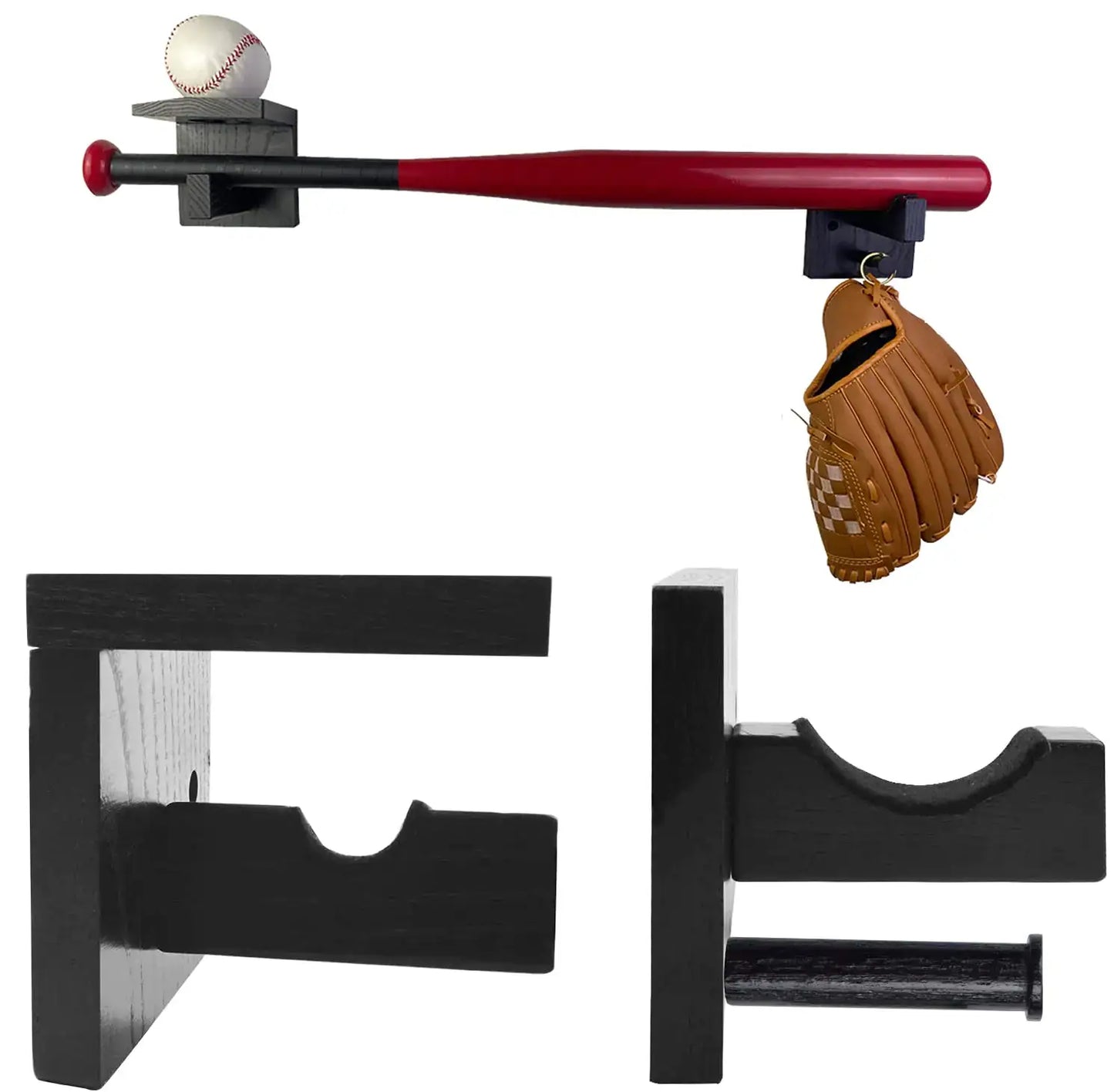 Baseball bat and glove wall rack for baseball bat display and bat display organization