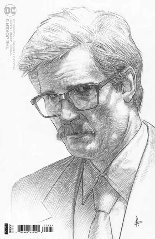 Detailed pencil sketch portrait of a man in suit for Joker #3 trading card variant