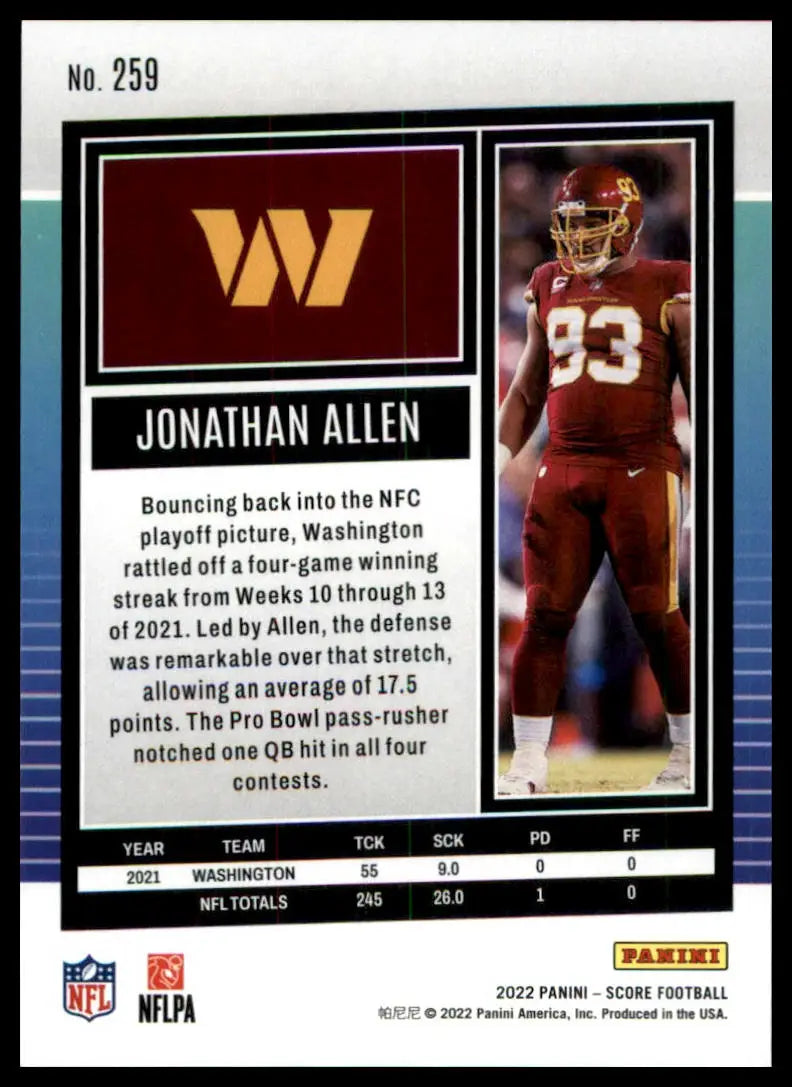Jonathan Allen football card from the 2022 Score series featuring Washington Commanders player