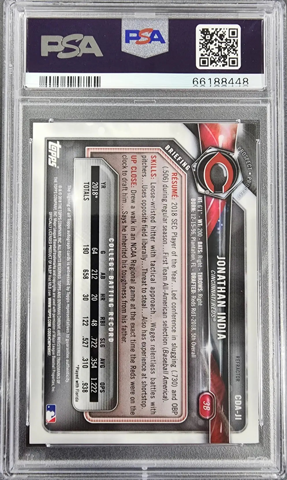 Graded Jonathan India Bowman Chrome Draft Refractor Auto card PSA 10 Gem Mint