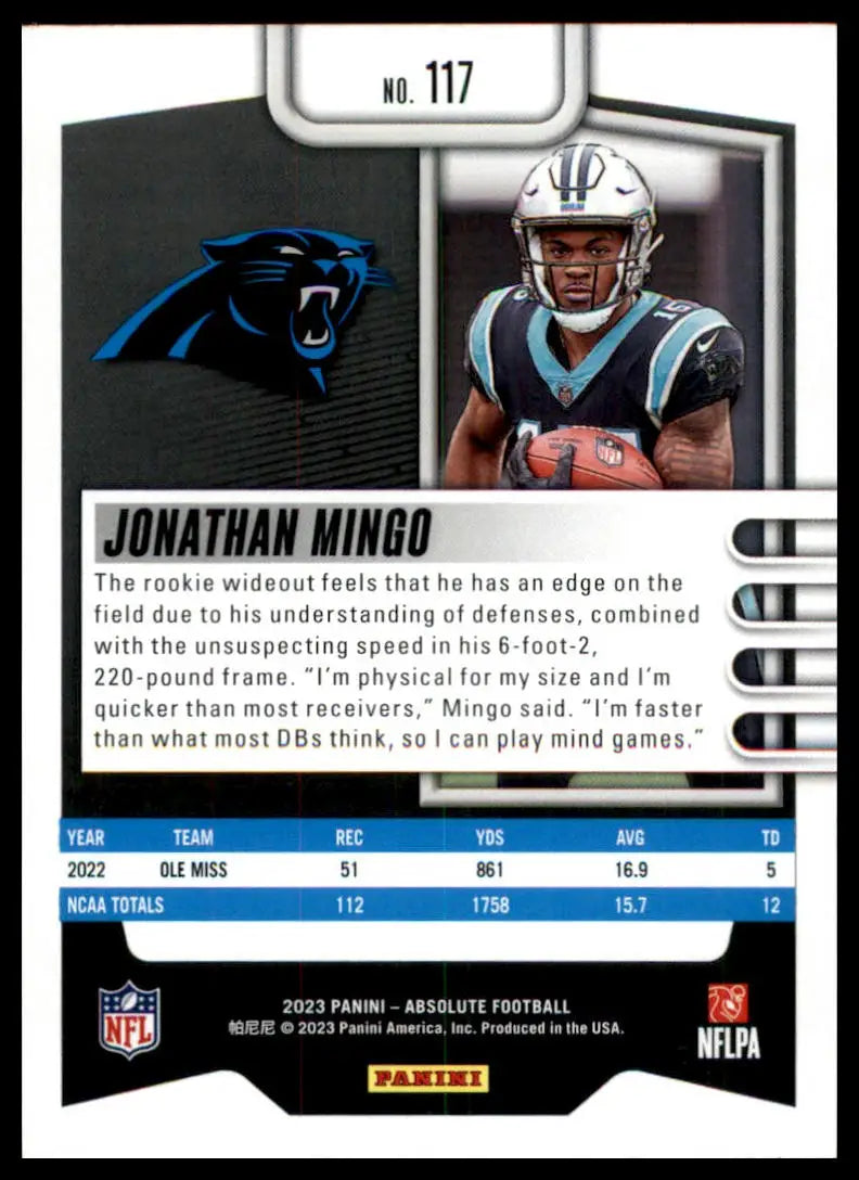 Jonathan Mingo football card from Panini Absolute 2023 Rookie series with Carolina Panthers