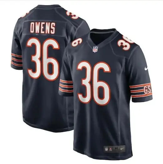 Dark blue Chicago Bears Jonathan Owens Nike Game Jersey with white numbers and orange trim