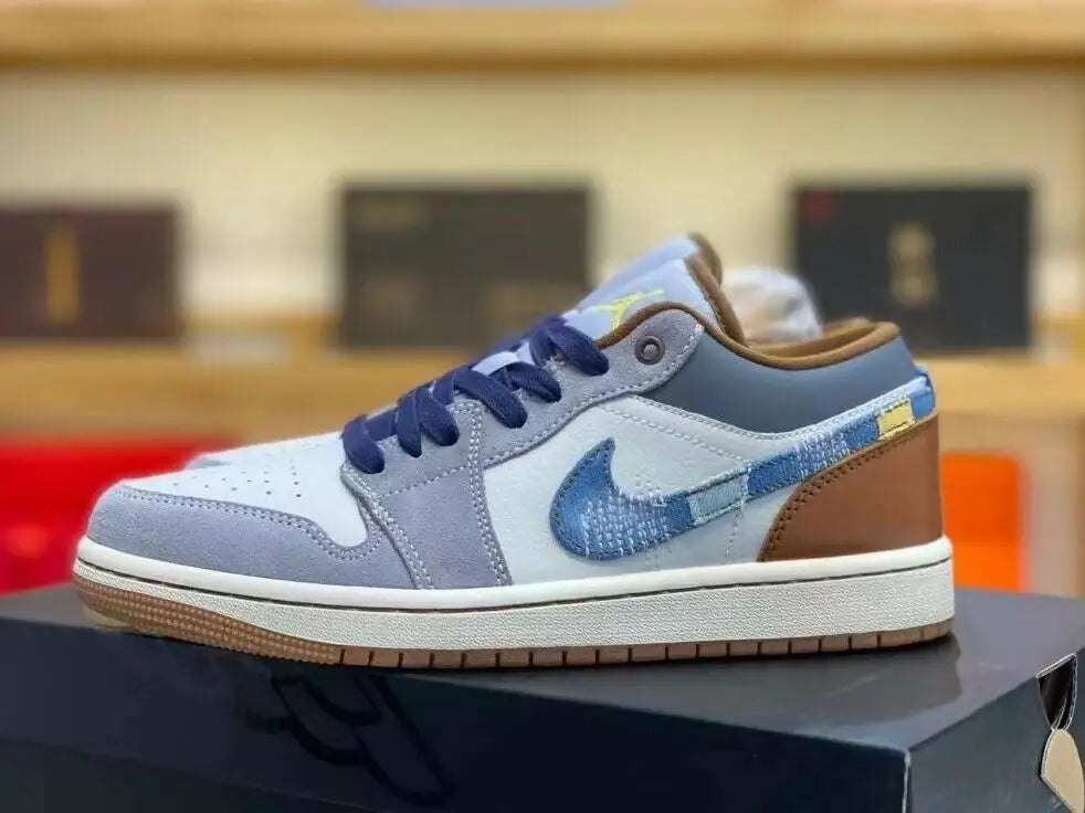 Light blue, white, and brown Jordan 1 Low sneaker with denim accents, fast shipping