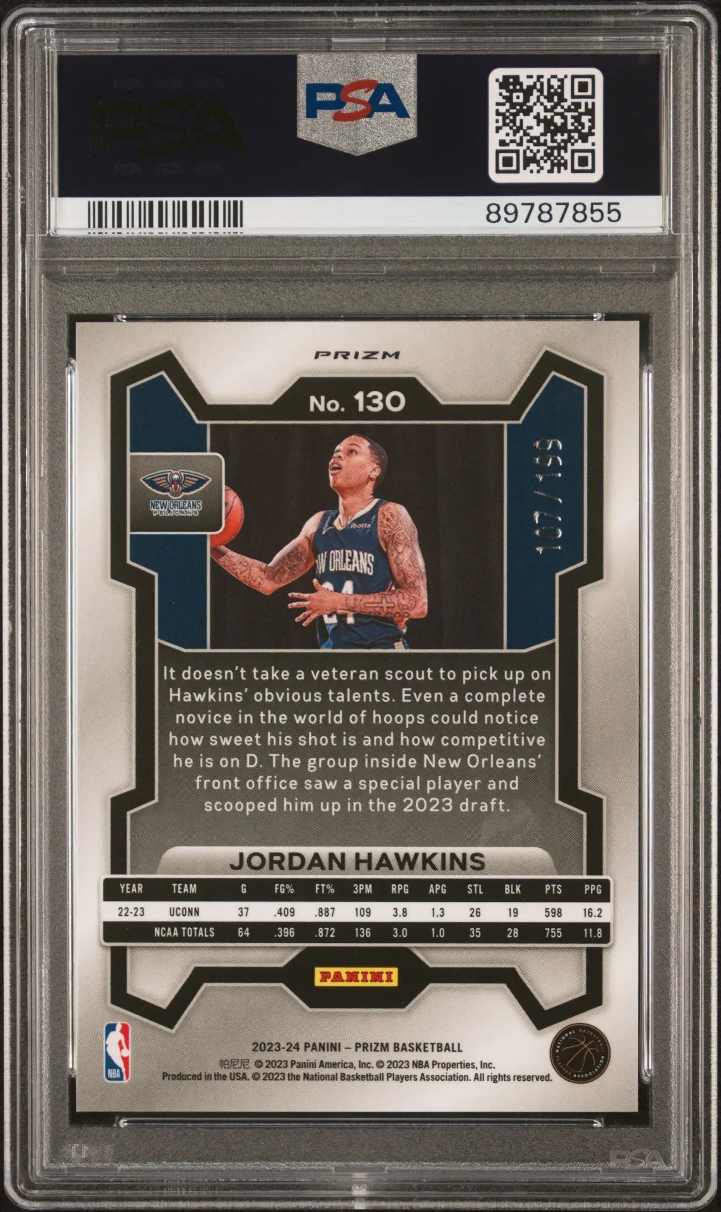 Jordan Hawkins 2023 Prizm Blue Prizm #130 PSA 10 Gem Mint card in protective holder