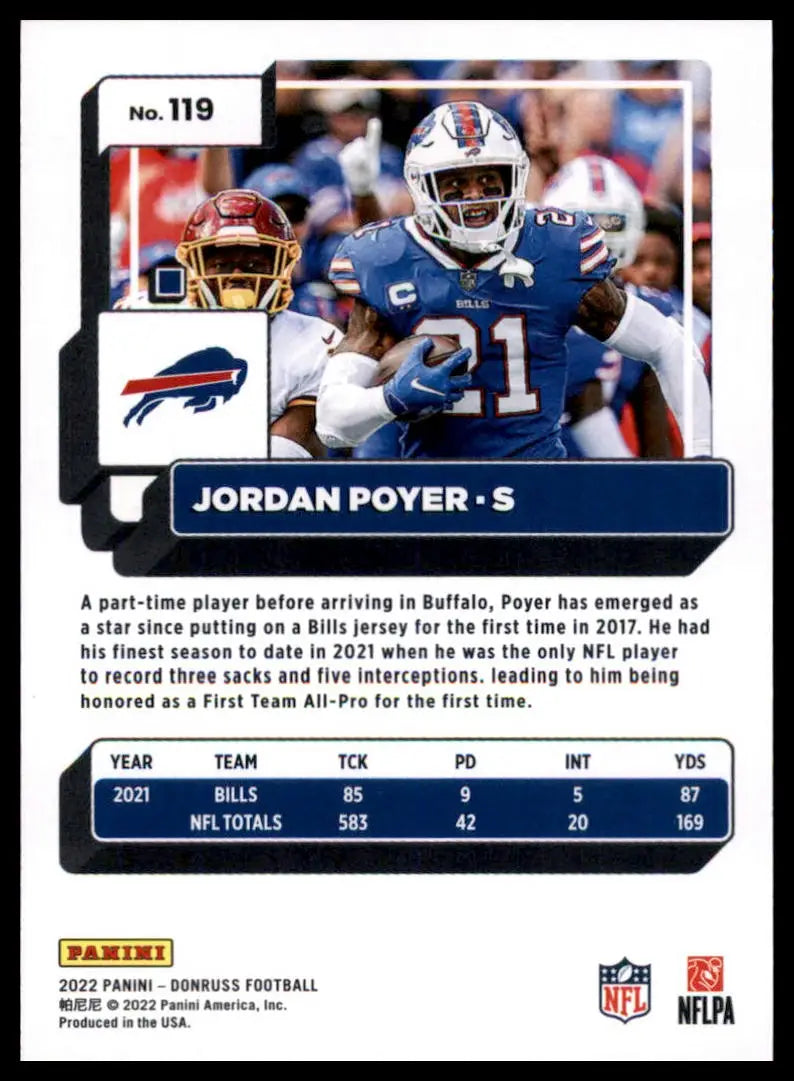 Jordan Poyer football card from 2022 Donruss Buffalo Bills product display