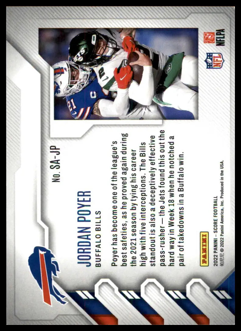 Football card back featuring Jordan Poyer from the 2022 Score Sack Attack series
