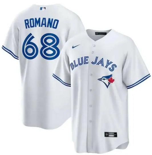 White Toronto Blue Jays Nike Replica Player Jersey featuring ROMANO 68 on the back