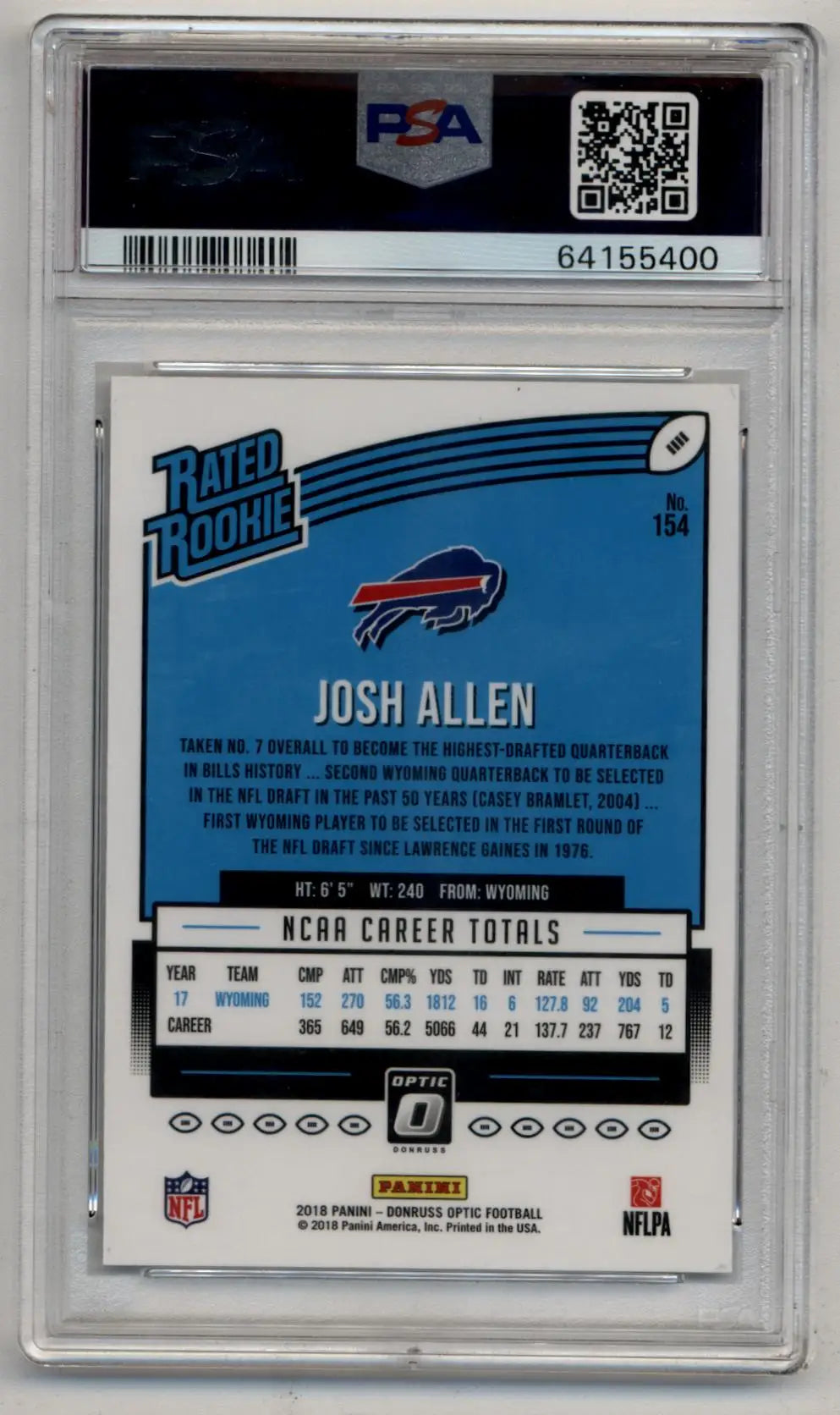 PSA 10 Gem Mint 2018 Donruss Optic Josh Allen rookie card in protective case