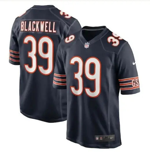 Two navy blue Chicago Bears Nike Game Player Jerseys with number 39 and orange white trim