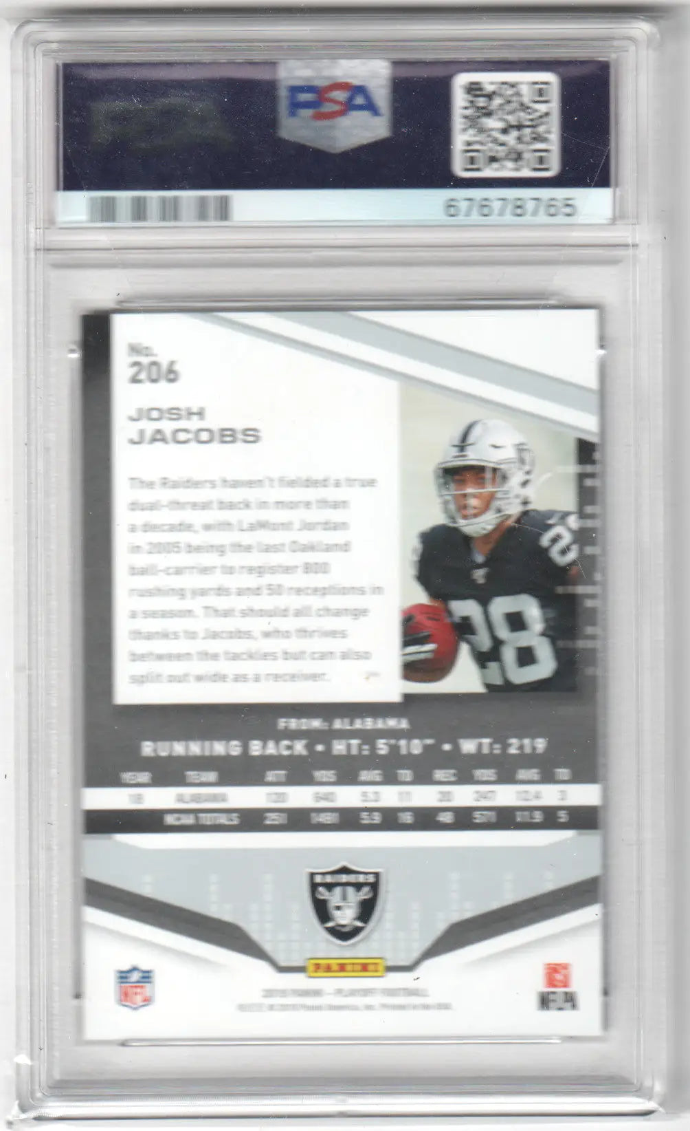 Graded Josh Jacobs football card from Panini Playoff by Columbia Hobby, PSA 9 MINT