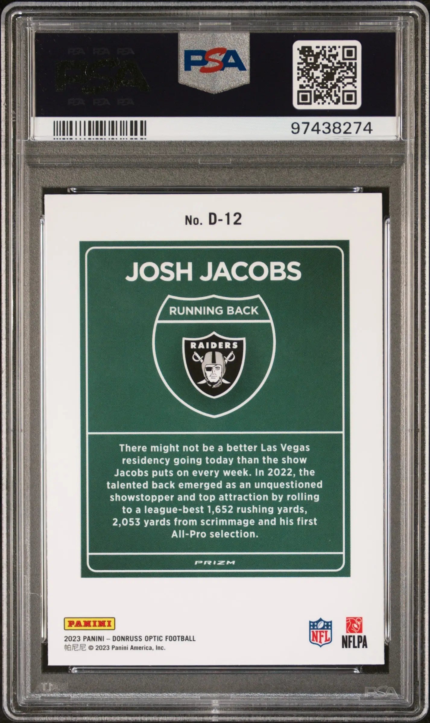 PSA 10 Gem Mint Josh Jacobs Donruss Optic Downtown NFL trading card in green design