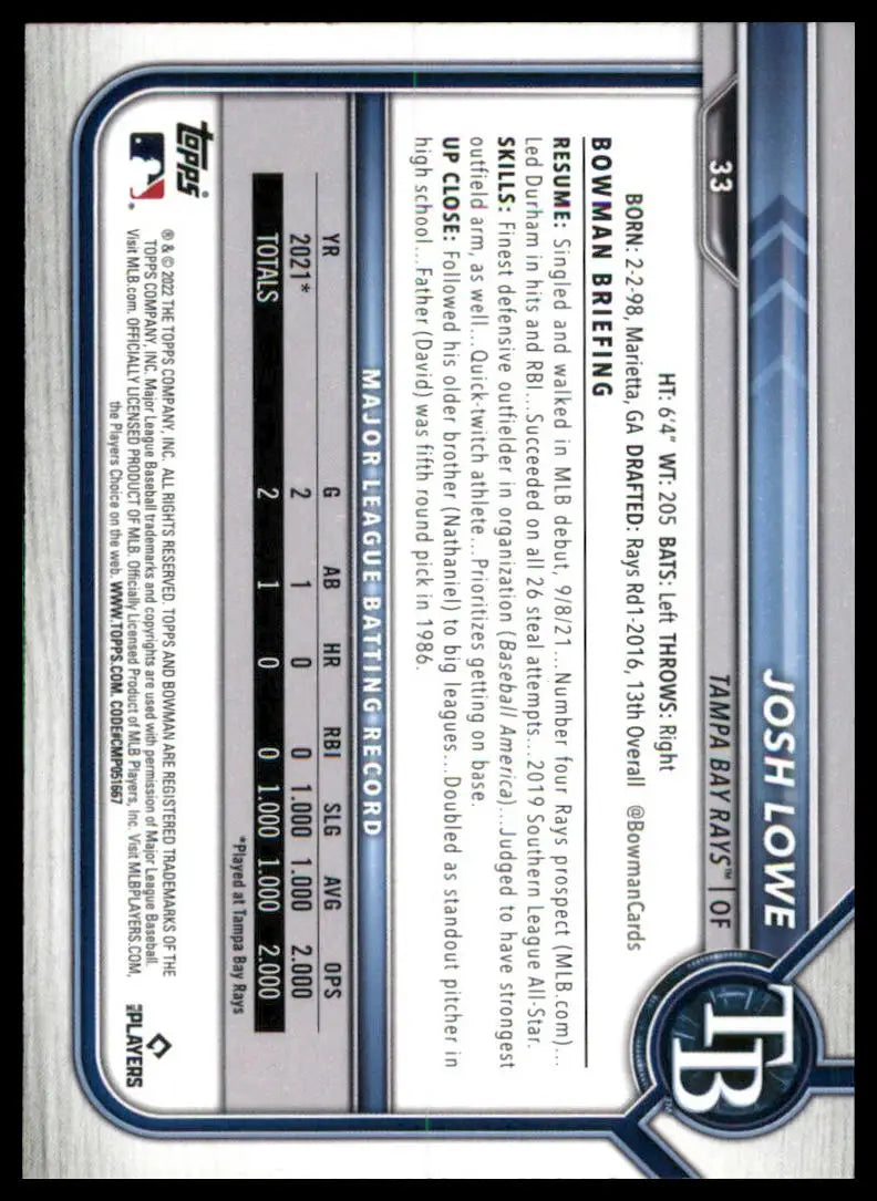 Josh Lowe baseball card from 2022 Bowman Rookie series featuring Tampa Bay Rays player