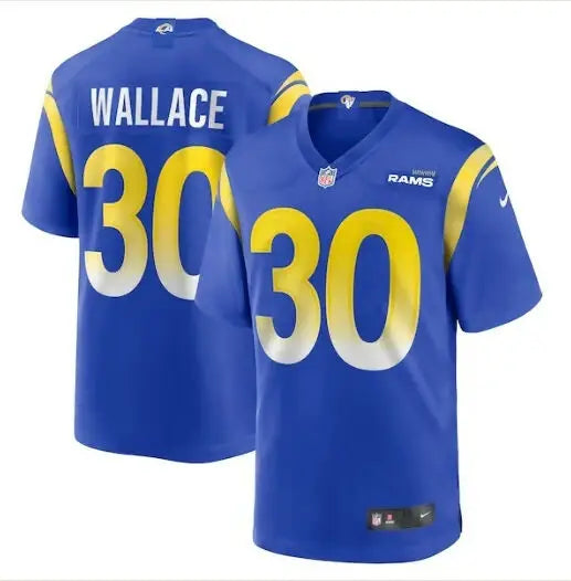 Blue Los Angeles Rams Josh Wallace Nike Game Jersey with number 30 front and back
