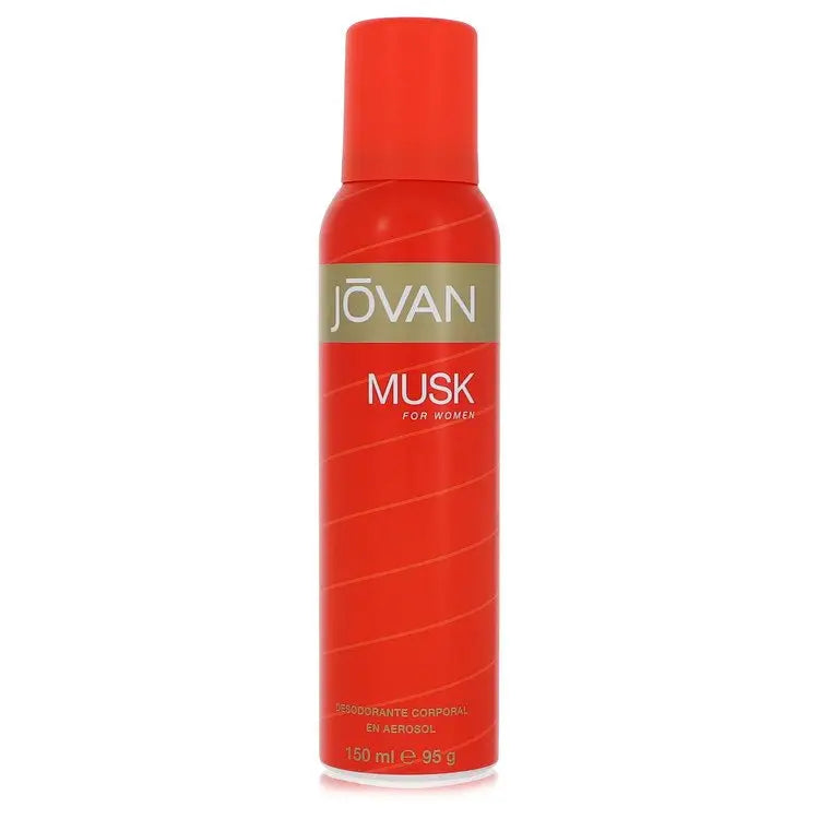 Red aerosol can of Jovan Musk deodorant spray for women displayed in Jovan Musk by Jovan product