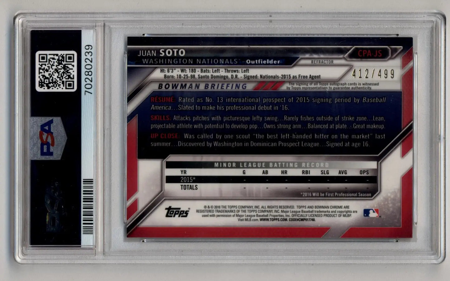 Juan Soto 2016 Bowman Chrome Refractor Auto in protective case with QR code