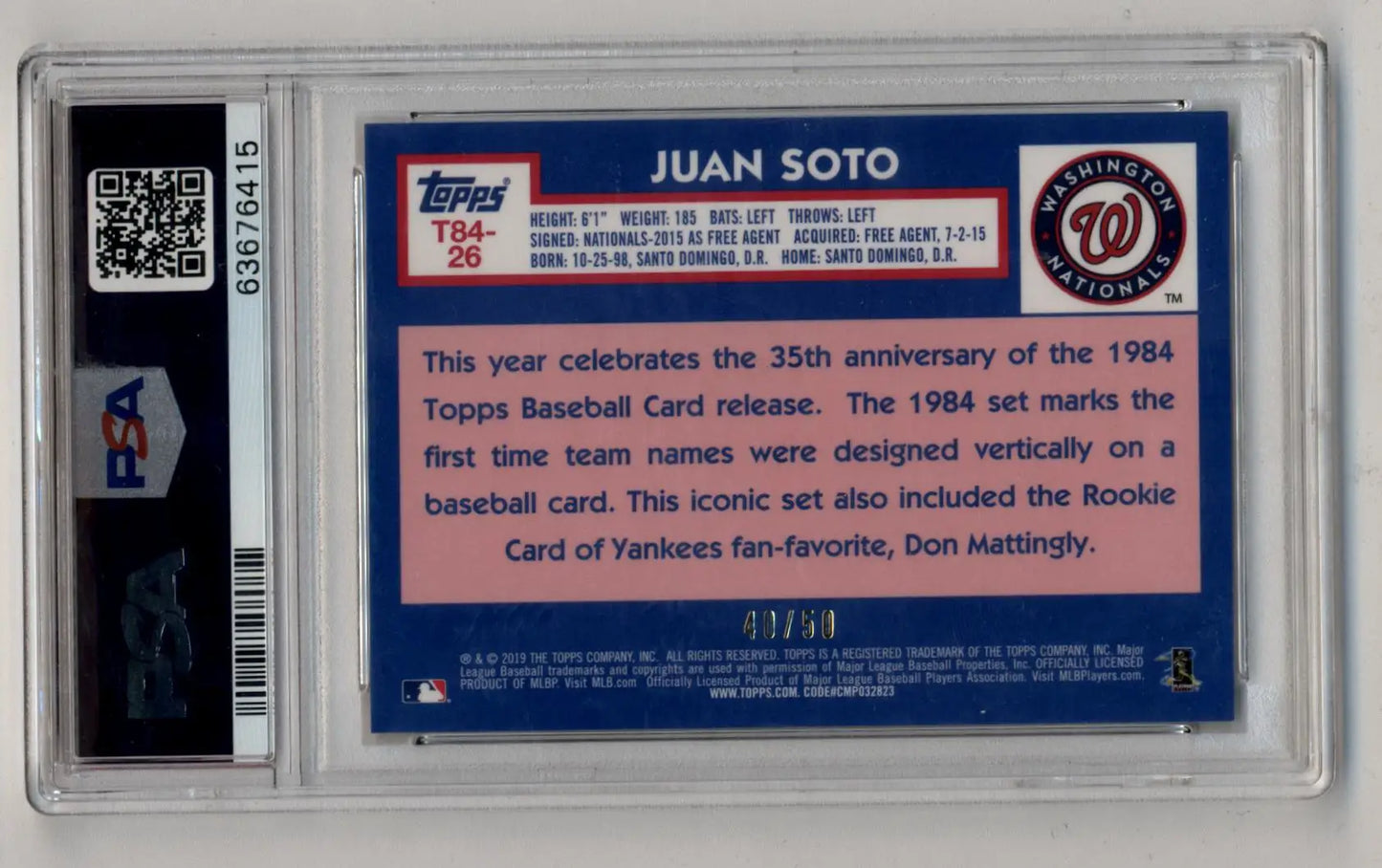 Graded Juan Soto baseball card from Topps Silver Pack 2019 Chrome Promo Gold Refractor