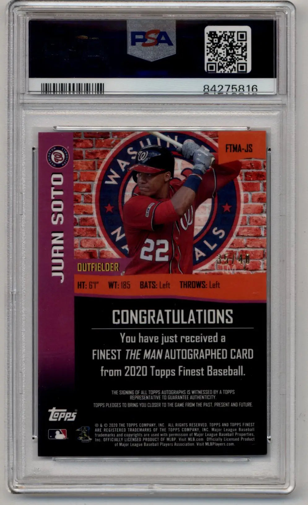 Graded Juan Soto 2020 Finest The Man Auto baseball trading card Gem Mint PSA 10