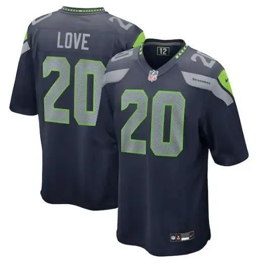Seattle Seahawks Julian Love Nike Game Jersey in navy blue and lime green with number 20 and LOVE text