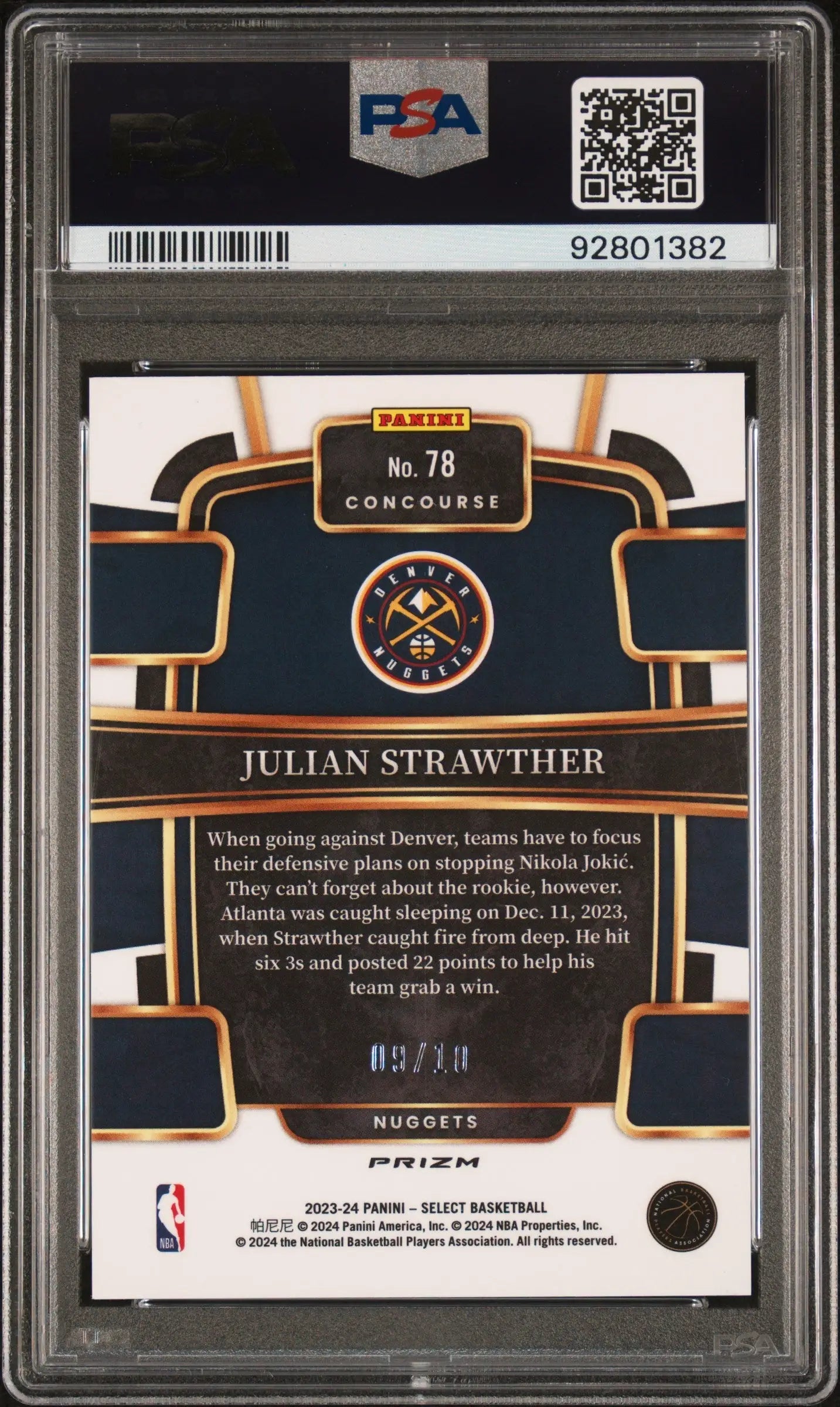 Julian Strawther Panini Select Gold Disco card 09/10 2023-24 PSA 9 Mint