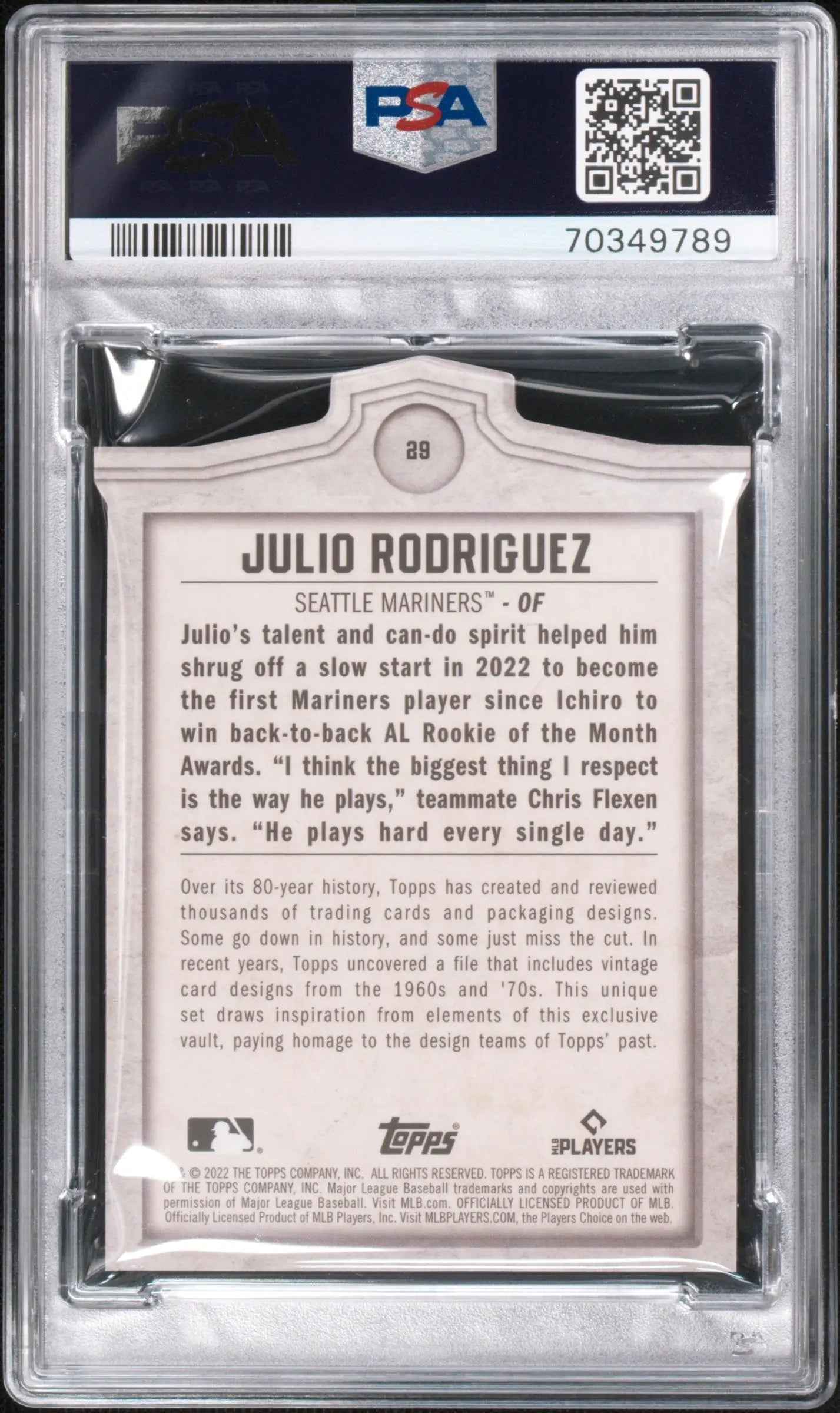 Back of Julio Rodriguez 2022 Brooklyn Collection Bush Terminal card with PSA grading details