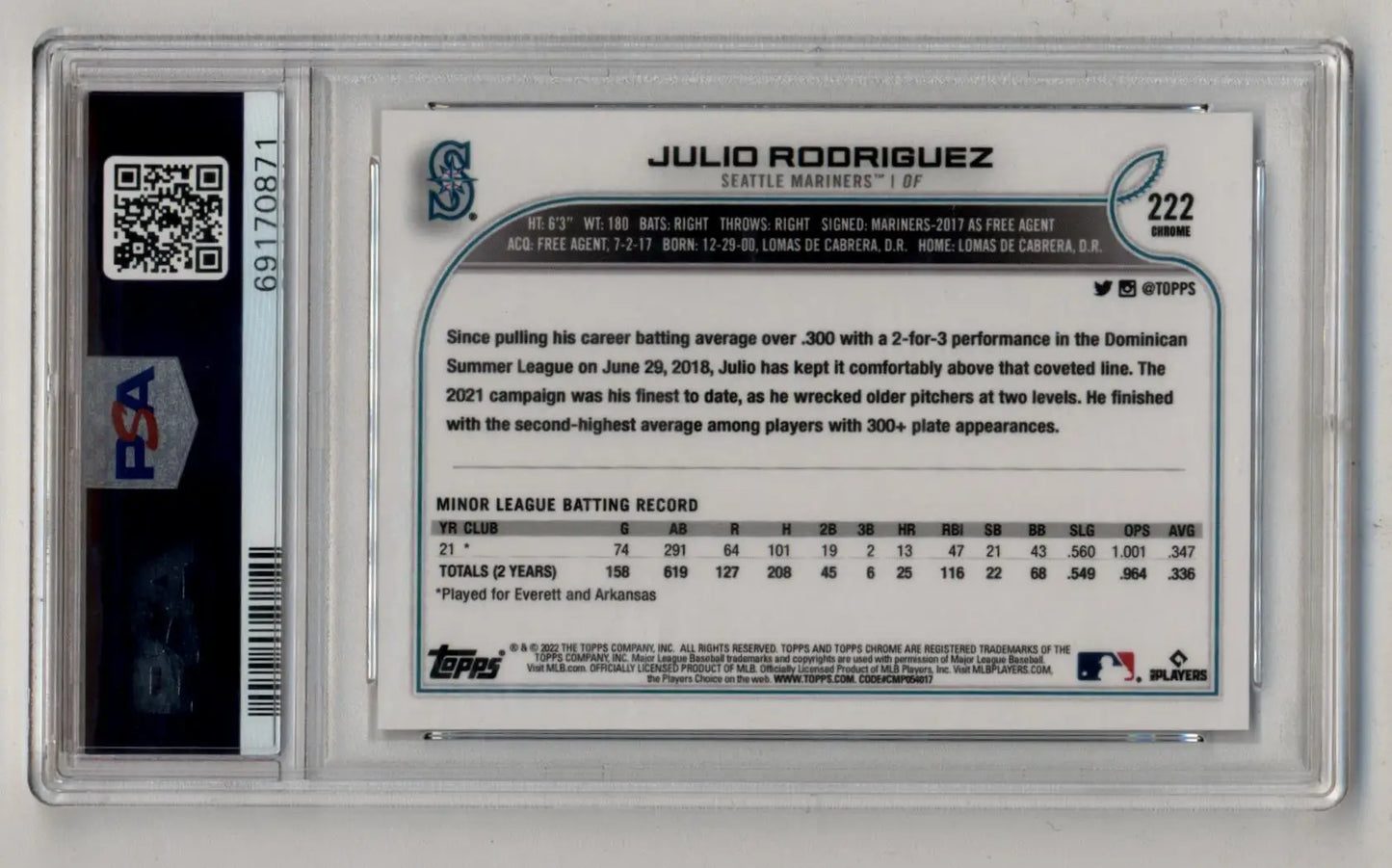 Graded Julio Rodriguez 2022 Topps Chrome Refractor baseball card PSA 10 Gem Mint