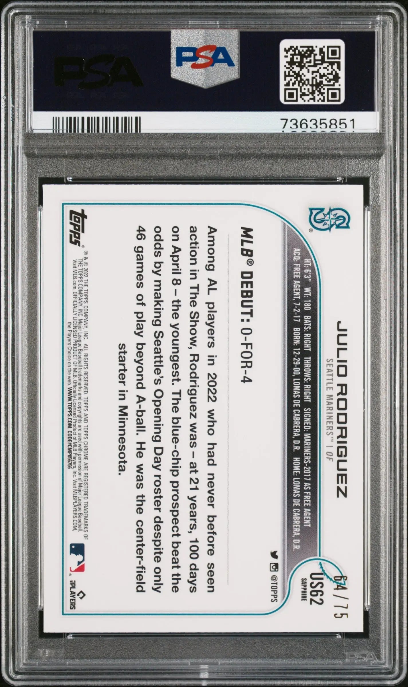 Graded Julio Rodriguez 2022 Topps Chrome Sapphire Update trading card PSA 10