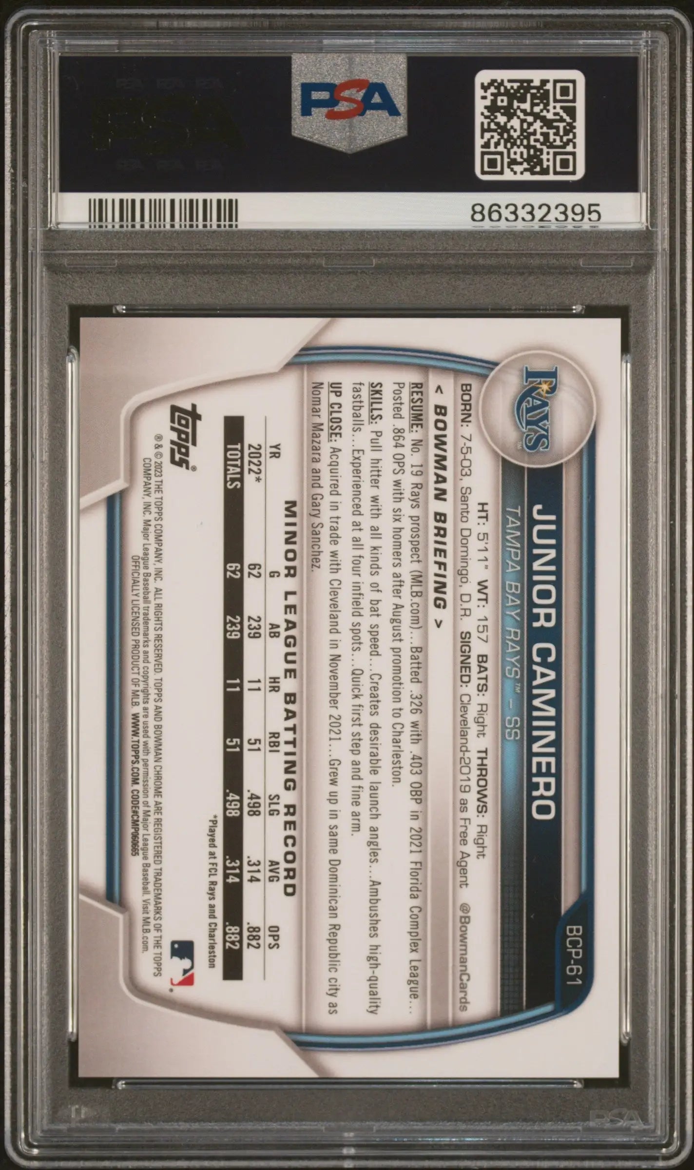A graded Junior Caminero 2023 Bowman Chrome Yellow Crater baseball card PSA 10