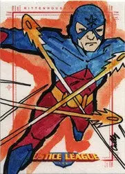 Superhero in blue costume with lightning bolt on Justice League Archives Sketch Card by Cully Long