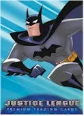 Animated Batman figure in flight with cape, featured on Justice League promo card