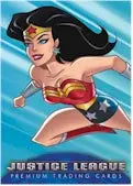 Animated Wonder Woman flying with fist extended on Justice League promo card