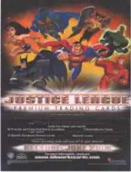 Promotional poster for Justice League Trading Card Sell Sheet with dynamic superheroes