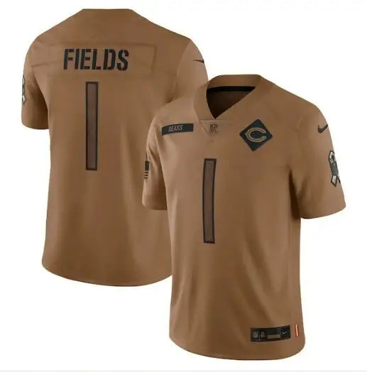 Brown Chicago Bears Justin Fields Nike 2023 Salute To Service limited jersey with name Fields and number 1