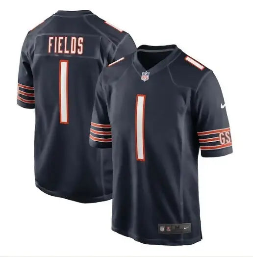 Navy blue Justin Fields Chicago Bears Nike game jersey with orange and white accents