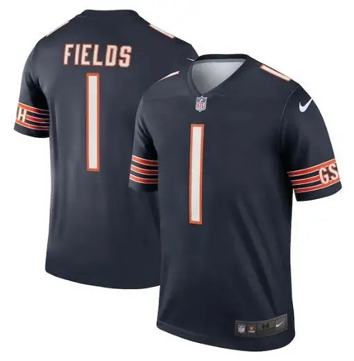 Dark blue Justin Fields Chicago Bears Nike Legend Jersey with orange and white accents