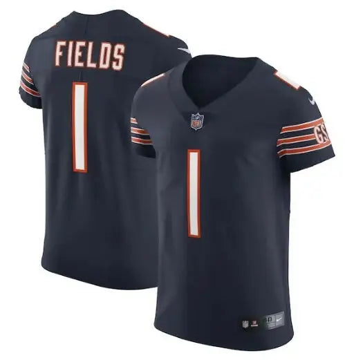 Dark blue Justin Fields Chicago Bears Nike Vapor Elite Jersey with orange and white accents