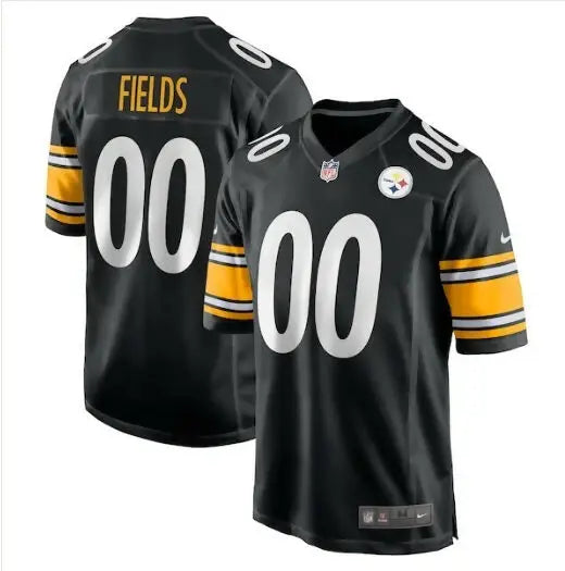 Black Justin Fields Pittsburgh Steelers Nike Game Player Jersey displayed on a product page