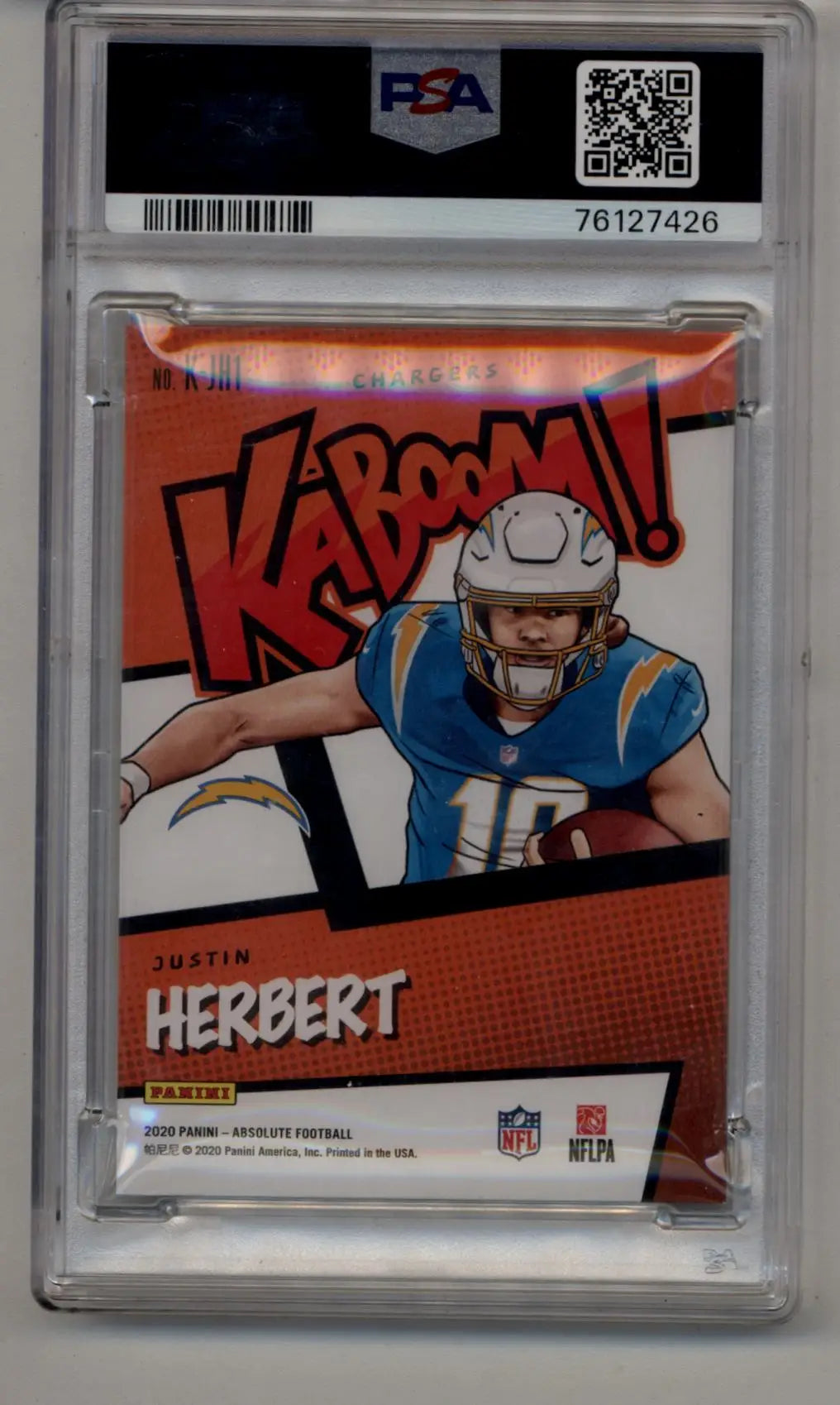 PSA-graded Justin Herbert 2020 Absolute KJH1 Kaboom trading card in comic art style
