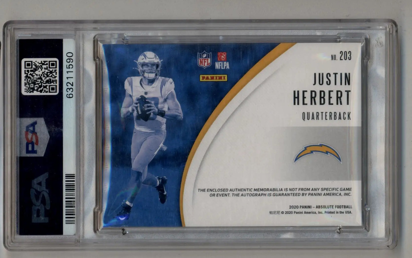 NFL trading card in protective case featuring Justin Herbert Absolute Materials Auto Spectrum