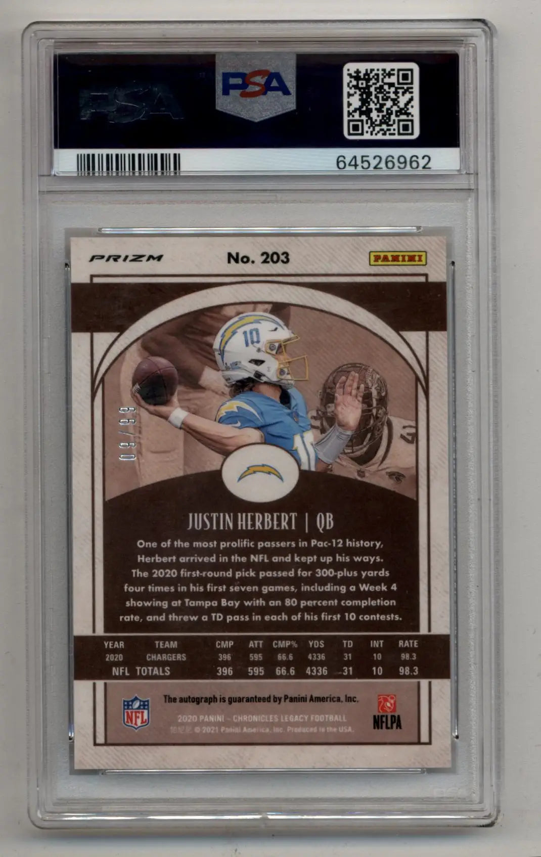 PSA-graded Justin Herbert 2020 Chronicles Legacy Auto 09/99 trading card image