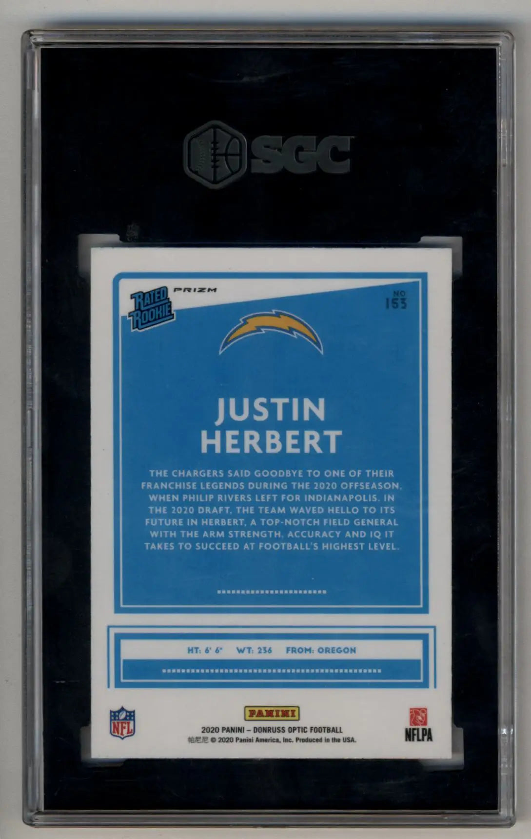 Justin Herbert 2020 Optic Blue Scope football card in Gem Mint SGC 10 condition