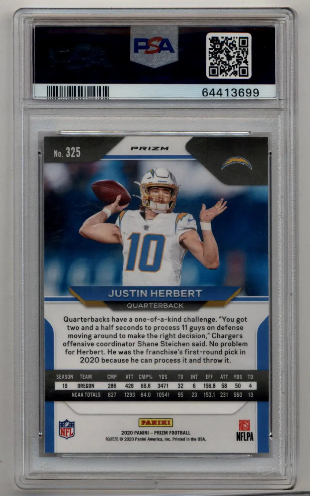 PSA-graded Justin Herbert 2020 Prizm Red White and Blue #325 card ready to throw