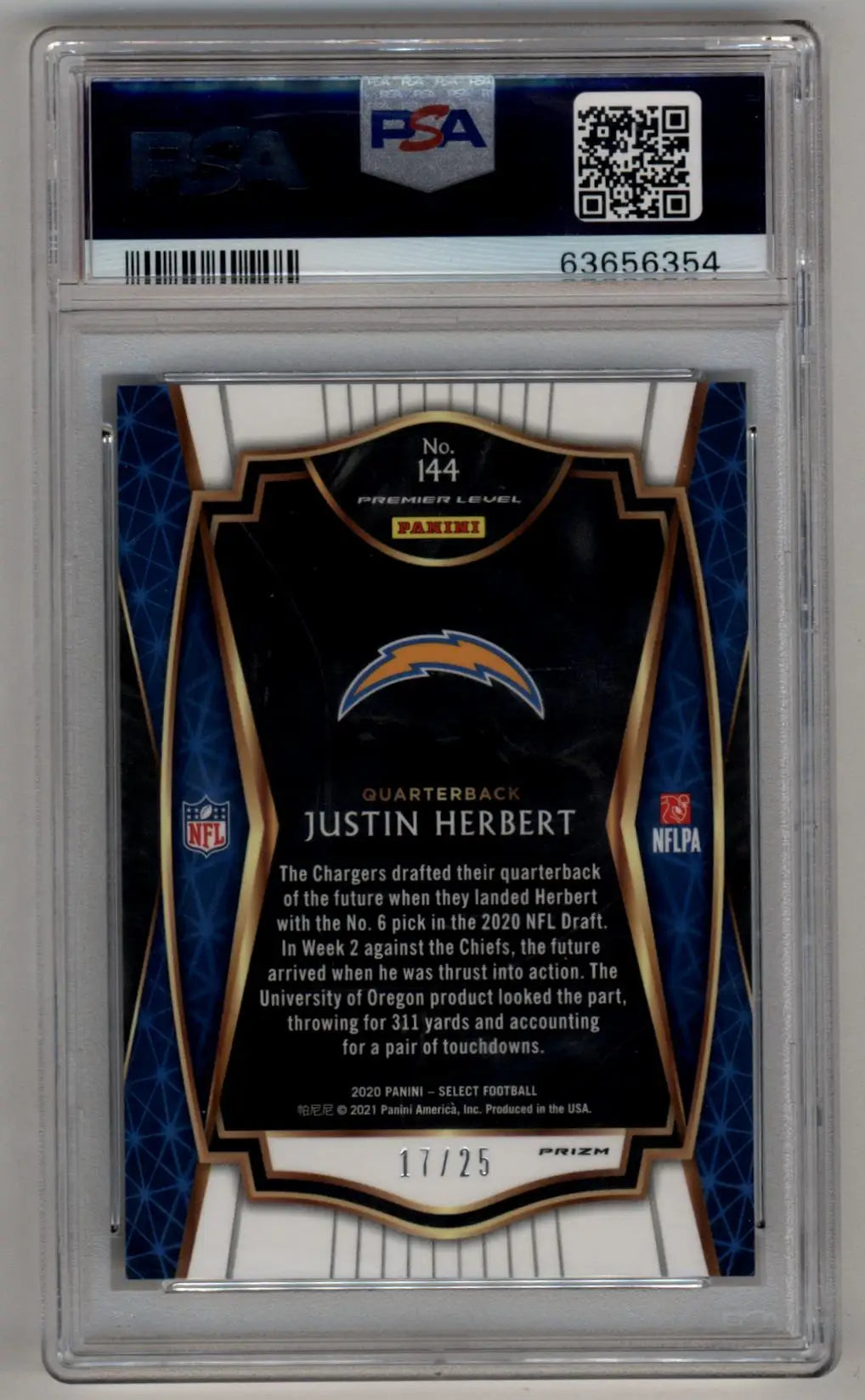 PSA 10 Gem Mint Justin Herbert 2020 Select Blue Disco card with Chargers logo