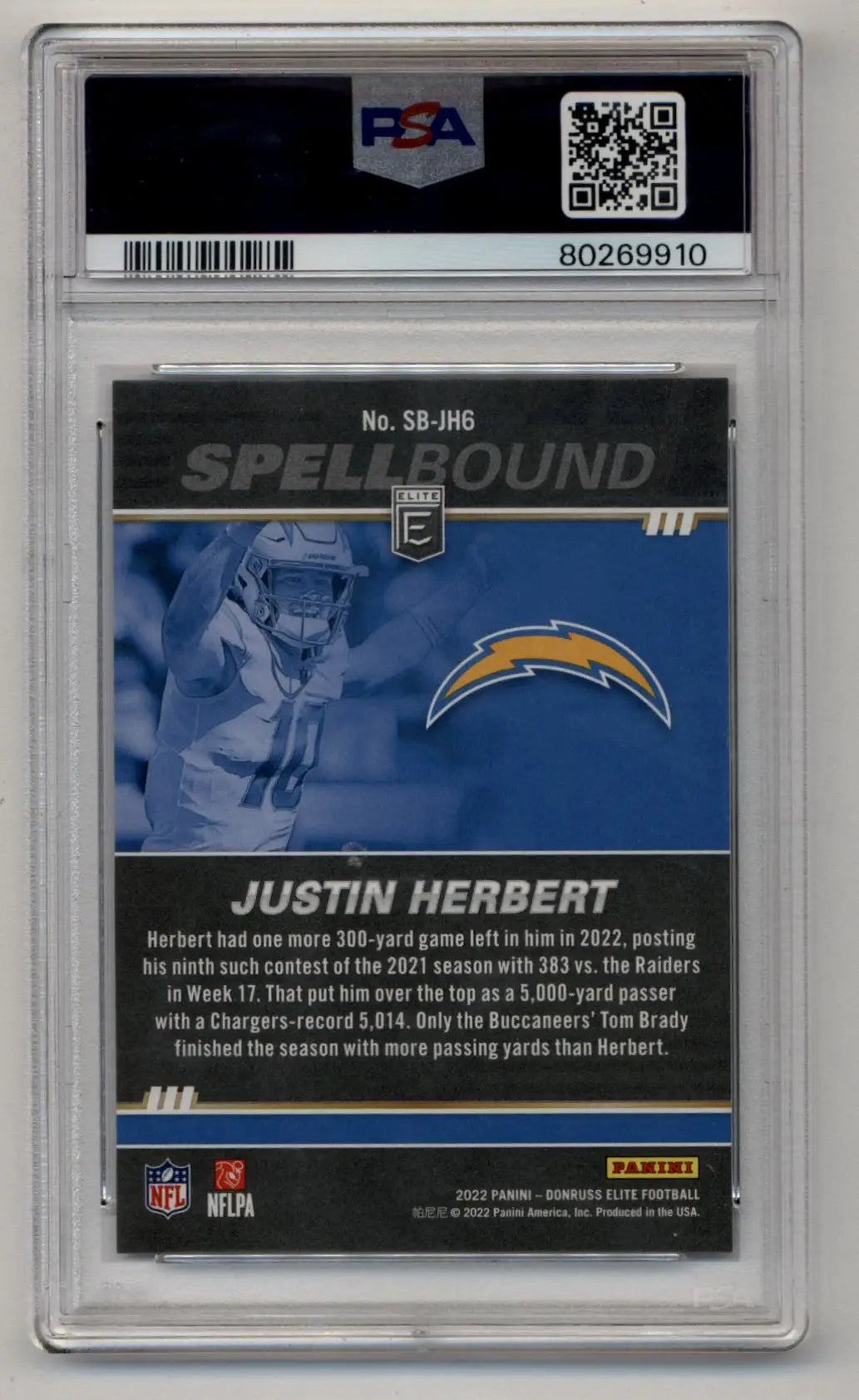 PSA-graded card of Justin Herbert from Donruss Elite Spellbound Gold with Chargers logo