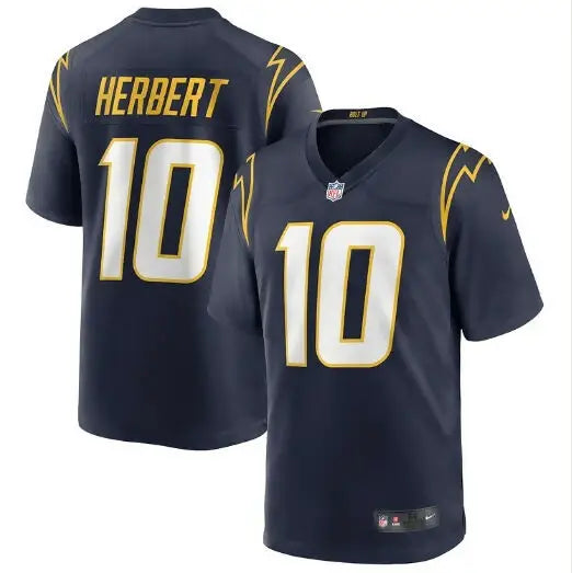 Navy blue Justin Herbert Los Angeles Chargers Nike Game Jersey with HERBERT and 10 in yellow and white