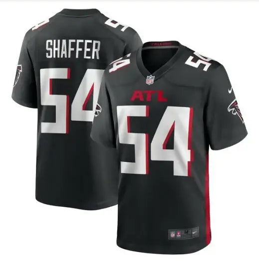 Black Justin Shaffer Atlanta Falcons Nike Game Football Jersey on display