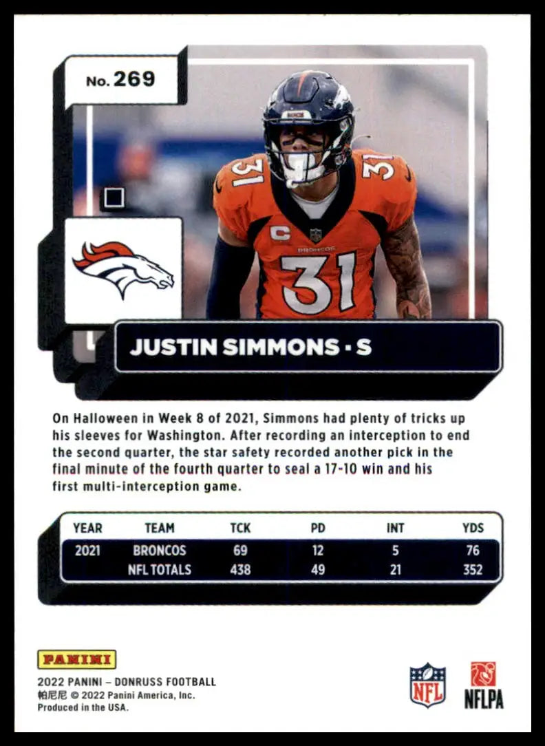 Justin Simmons football card from 2022 Donruss featuring Denver Broncos player
