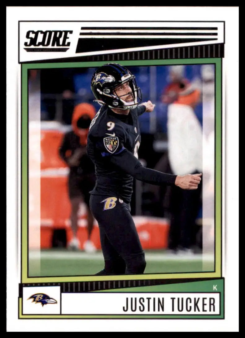 Justin Tucker football card from 2022 Score series featuring Baltimore Ravens player